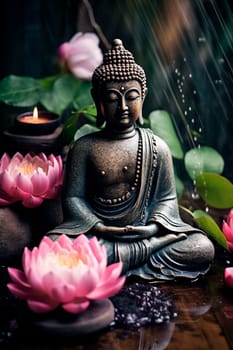 Buddha and lotus flowers feng shui. Generative AI, Spa.