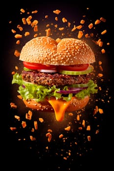 Burger heart on a black background. Generative AI, Food.