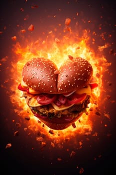 Burger heart on a black background. Generative AI, Food.