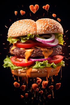 Burger heart on a black background. Generative AI, Food.