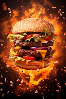 Burger heart on a black background. Generative AI, Food.