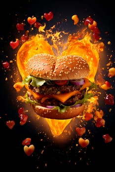 Burger heart on a black background. Generative AI, Food.