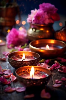 Flowers and candles Zen Feng Shui. Generative AI, night.