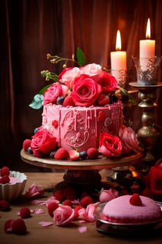 Pink cake with flowers and hearts for Valentine's day. Generative AI, Love.