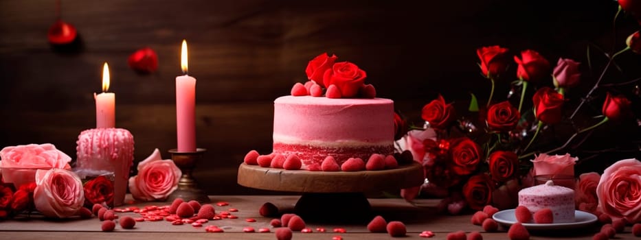 Pink cake with flowers and hearts for Valentine's day. Generative AI, Love.