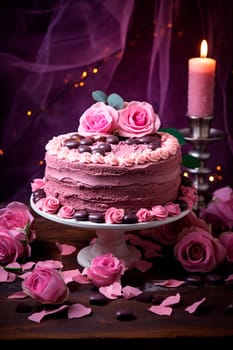 Pink cake with flowers and hearts for Valentine's day. Generative AI, Love.