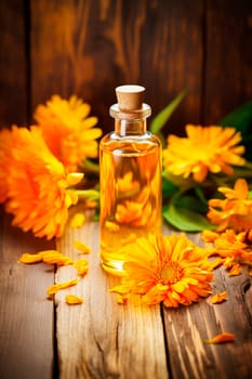 Essential oil of calendula with flowers. Generative AI, Nature.