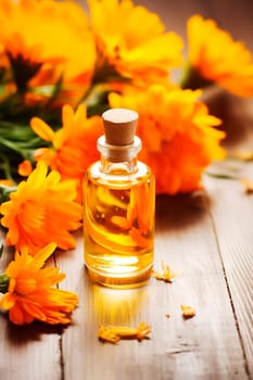 Essential oil of calendula with flowers. Generative AI, Nature.