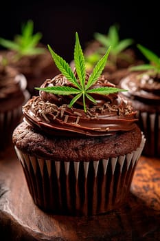 Cannabis cupcakes with leaf. Generative AI, Nature.