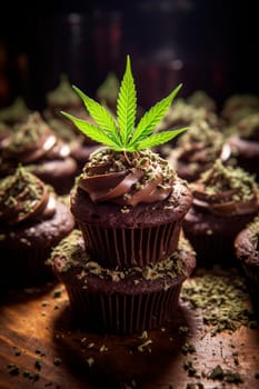 Cannabis cupcakes with leaf. Generative AI, Nature.