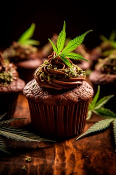 Cannabis cupcakes with leaf. Generative AI, Nature.