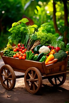 Cart with vegetables and fruits in the garden. Generative AI, Food.