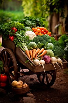 Cart with vegetables and fruits in the garden. Generative AI, Food.