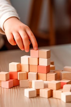 A child collects wooden construction blocks. Generative AI, Kid.