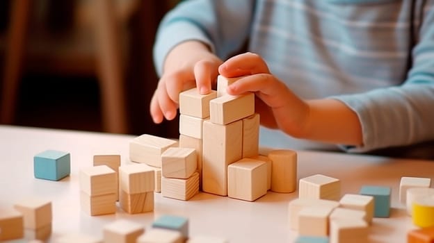 A child collects wooden construction blocks. Generative AI, Kid.