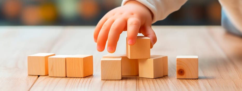 A child collects wooden construction blocks. Generative AI, Kid.