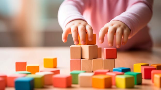 A child collects wooden construction blocks. Generative AI, Kid.