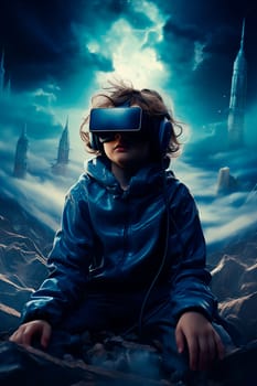 The child looks into virtual reality glasses. Generative AI, Kid.