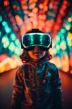 The child looks into virtual reality glasses. Generative AI, Kid.