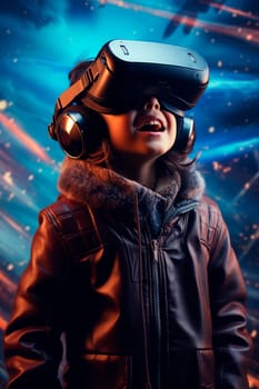 The child looks into virtual reality glasses. Generative AI, Kid.