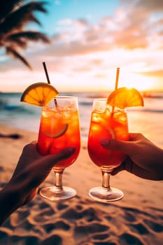 Glasses with cocktails against the backdrop of the sea in hands. Generative AI, Drink.