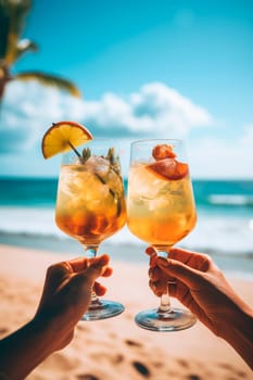 Glasses with cocktails against the backdrop of the sea in hands. Generative AI, Drink.