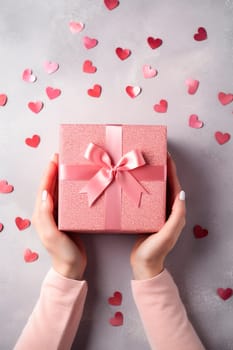 A woman hands hold a pink gift in her hands. Generative AI, Holiday.