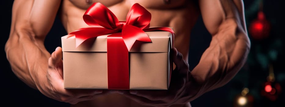 Muscular male arms hold a gift in their hands. Generative AI, Holiday.