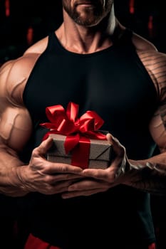 Muscular male arms hold a gift in their hands. Generative AI, Holiday.