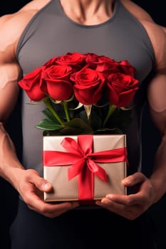 Muscular male arms hold a gift in their hands. Generative AI, Holiday.