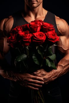 Muscular male arms hold a gift of flowers in their hands. Generative AI, Holiday.