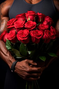 Muscular male arms hold a gift of flowers in their hands. Generative AI, Holiday.