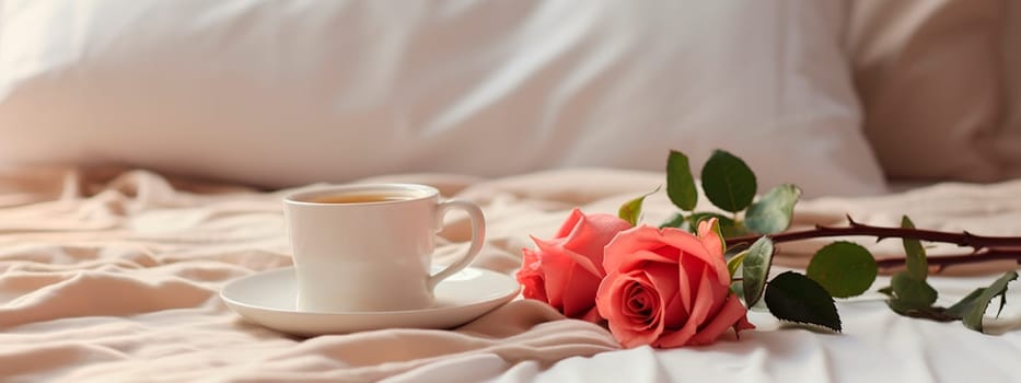Cup of coffee and roses in bed. Generative AI, Holiday.