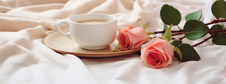 Cup of coffee and roses in bed. Generative AI, Holiday.