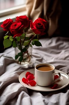 Cup of coffee and roses in bed. Generative AI, Holiday.