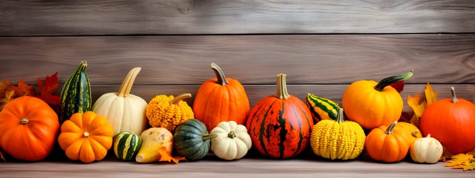 Various pumpkins on a wooden background. Generative AI, Food.