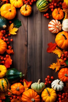 Various pumpkins on a wooden background. Generative AI, Food.