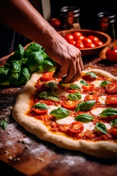 Chef's hands preparing pizza. Generative AI, Food.