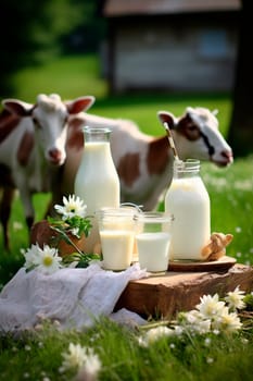 Goat dairy products on a farm background. Generative AI, Food.