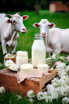 Goat dairy products on a farm background. Generative AI, Food.