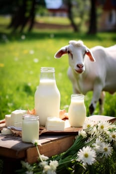 Goat dairy products on a farm background. Generative AI, Food.