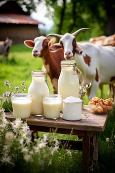 Goat dairy products on a farm background. Generative AI, Food.