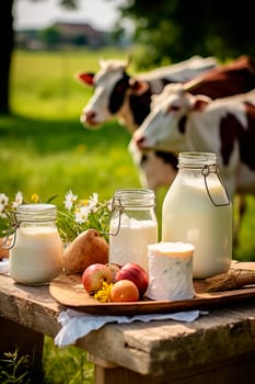 Cow dairy products on a farm background. Generative AI, Food.