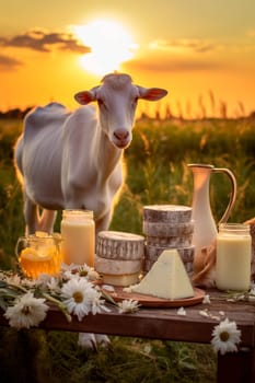 Goat dairy products on a farm background. Generative AI, Food.