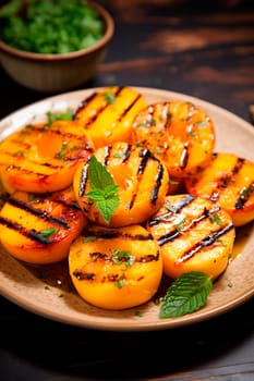 Grilled peaches on a plate. Generative AI, Food.