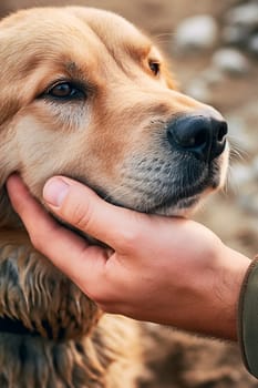 A man strokes a dog head. Generative AI, animal.