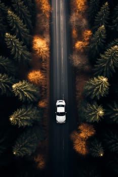 Road forest, car rides, top view. Generative AI Nature