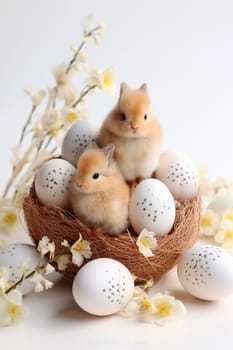 Rabbits and Easter eggs on a white background. Generative AI, Holiday.