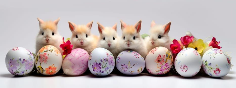 Rabbits and Easter eggs on a white background. Generative AI, Holiday.