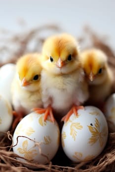 Chicks and Easter eggs on a white background. Generative AI, Holiday.